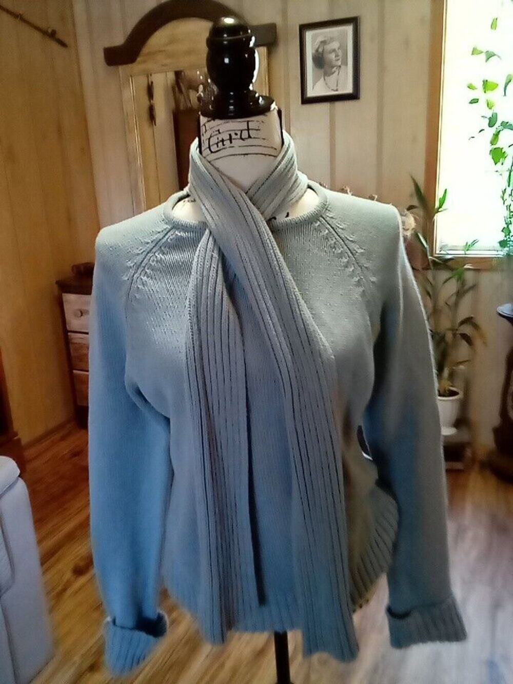 Pierre Cardin Cotton Sage Green Open Knit Sweater Top Attached Scarf, Sz L